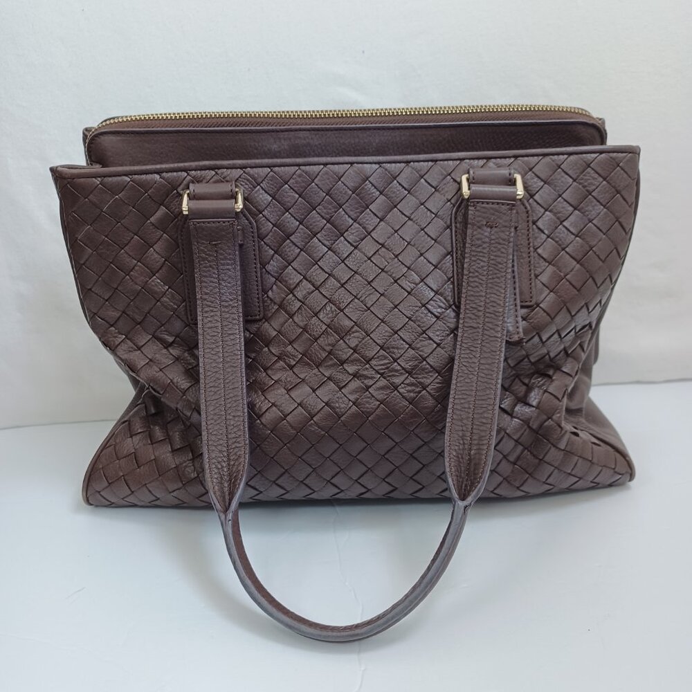 Cole Haan Handbag Dark Chocolate Woven Leather Basket Weave Shoulder Tote - Picture 9 of 16